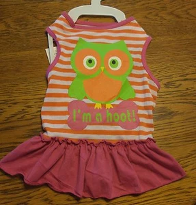 Talla M Lindo Vestido Mascota Perro Naranja Blanco Rayas Búho "I'm a Hoot" Ropa Mascota Nuevo con Etiquetas - Imagen 1 de 2