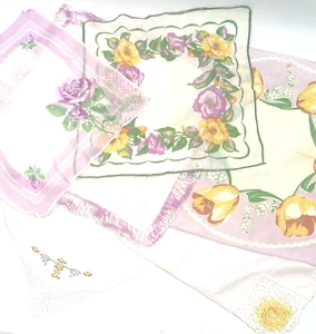 Vintage Handkerchief Hankies Lot Yellow Floral Roses Embroidered Crochet Purple - Picture 1 of 8