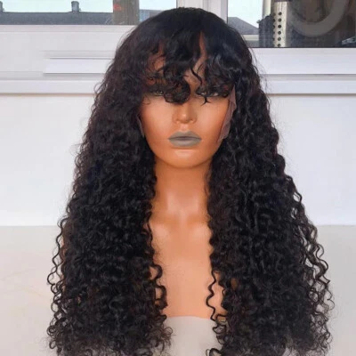 Pelucas brasileñas de cabello humano Remy 250 % rizadas con flequillo hechas a máquina cuero cabelludo superior Foto 1 de 4