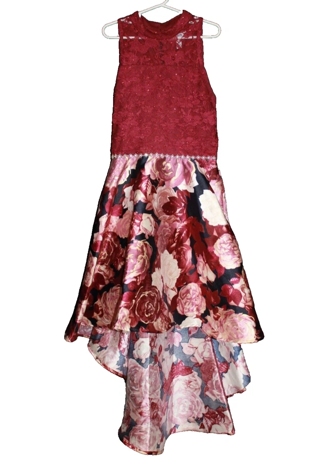 Vestido de fiesta floral alto bajo Speechless para niños niñas talla 14 borgoña dorado negro rosa Foto 1 de 2