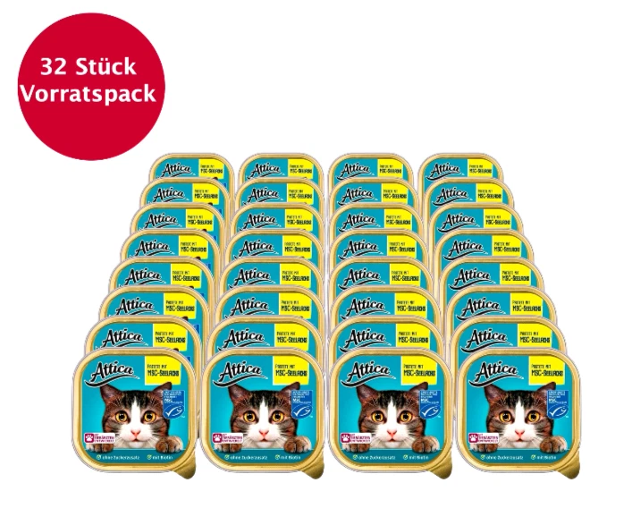 32 x 100g Attica Katzennahrung Pastete mit MSC Seelachs Vorratspack Katzenfutter - Bild 1 von 1