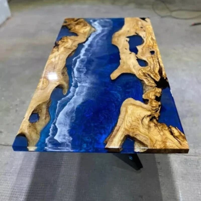 Rectangular Blue River Epoxy Resin Table Top With Stand Handmade Furniture Decor - Image 1 of 4