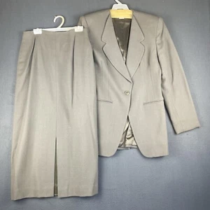 VTG Jones New York 100% Wool 2PC Skirt Suit Sz 8 Olive Gray Blazer Lined Slit - Picture 1 of 17