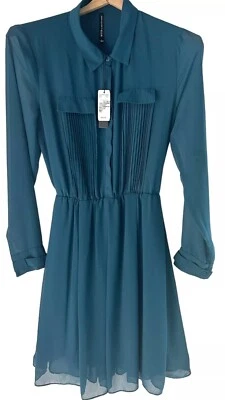 Vestido Camisa Walter Baker W118 L Manga Larga Cuello Botón Línea A Verde Azulado Nuevo Foto 1 de 4