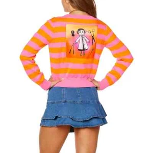 NUEVO Cárdigan Suéter Coraline M Rosa Naranja Espíritu Halloween Botón Frontal Rayas - Imagen 1 de 9
