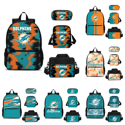 Miami Dolphins School 4PCS Backpacks Set Pen Bag Crossbody Bag Lunch Bag Gift Cover