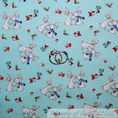 BonEful FABRIC FQ Cotton Quilt Blue White Red Easter Bunny Rabbit Mushroom Bird - Image 1 of 4