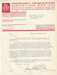 2 1933 WIPA Letter To Dietz Philatelist Edwin Müller Signed Vienna Exhibition - Imagen 1 de 2