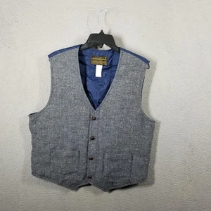 Eddie Bauer Vest Mens Large Gray Blue Goose Down Puffer Wool Tweed Button Lined - Picture 1 of 10
