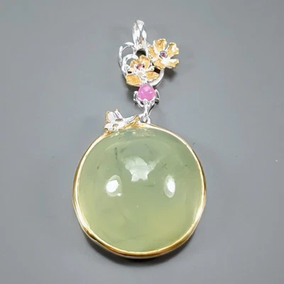 Handmade 60 ct+ Natural Prehnite Pendant 925 Sterling Silver  /NP52034 - Image 1 of 4