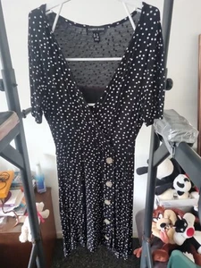 Black Polka Dot Top/dress Size 12, Faux Buttons, V Neck - Picture 1 of 2