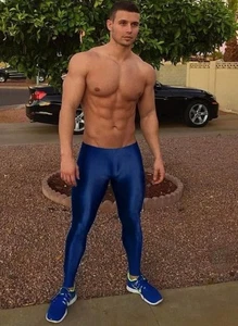 Mens Shiny Spandex Tights Compression Pants Blue Large Meggings - Picture 1 of 2