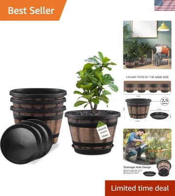 Macetas duraderas de barril de whisky de 12 pulgadas - Juego ligero y resistente a la intemperie Foto 1 de 4