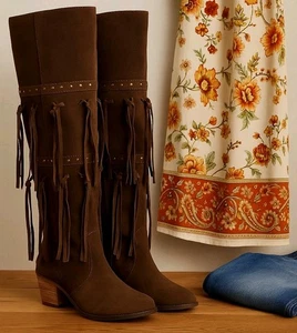 Anthropologie Mojo Moxy "Frilled" braune Fransen kniehohe Stiefel 8,5 Boho Western - Bild 1 von 14