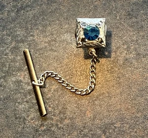 Krawattennadel mit Kette von Swank blau Glas Edelstein silberfarben Metall MCM Vintage Herren - Bild 1 von 7