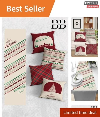 Cotton Christmas Pillow Covers and Table Runner Set - 4 Fluffy Pieces - Image 1 of 4