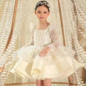 Fashion Flower Girls Wedding Long Sleeves Dress Sequins Kids Pageant Bridesmaid - Picture 1 of 2