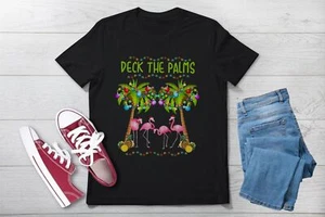 Deck the Palms Merry Pink Flamingo Christmas Hawaiian T-Shirt - Picture 1 of 3