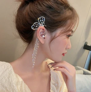 Right Ear Butterfly Cuff Peral and Crystal Tassle Earring Cuff - Picture 1 of 5