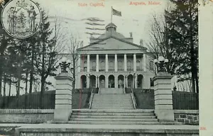 Cartolina Campidoglio di Stato Augusta Maine Crest 1910 Federico MD Annulla - Foto 1 di 2