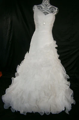 San Patrick Wedding Gown Bridal Dress Ruffles Button Loop Ivory 6-8 One Shoulder - Image 1 of 4