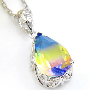 European Teardrop Rainbow Bi Color Tourmaline Gems Silver Necklace Pendants - Picture 1 of 6