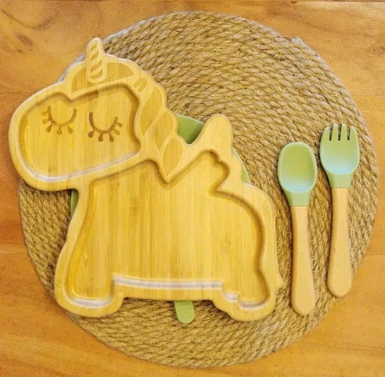 Bambus Kinderteller Babyteller, inkl Besteck. Einhorn, Unicorn (Grün) *Neu* - Bild 1 von 3