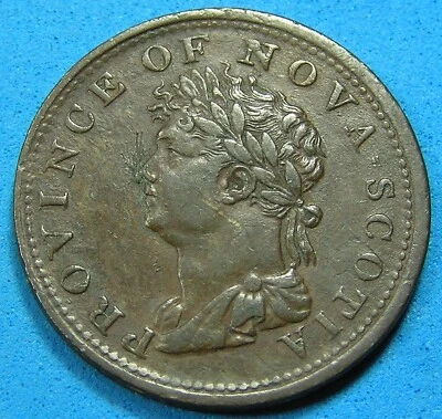 1823 Nova Scotia 1/2 Penny Token Engrailed Edge, 9.1 gr, Free S/H after 1st item - Image 1 of 2