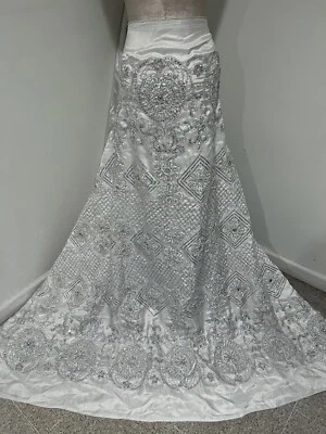 White Silver Satin W/Embroidery Multi Sequins Lace fabric 50” Width Sold By Yard - Image 1 of 4