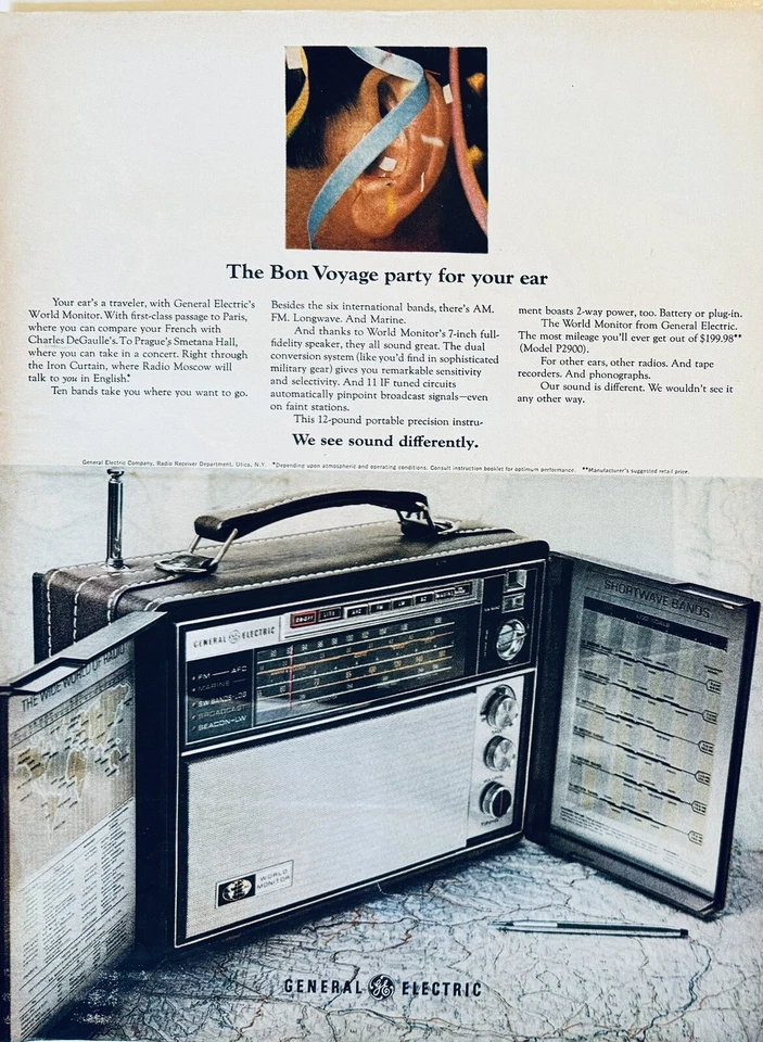 Vintage 1960s GE General Electric World Monitor Radio Magazine Ad 14x11" - Image 1 of 1