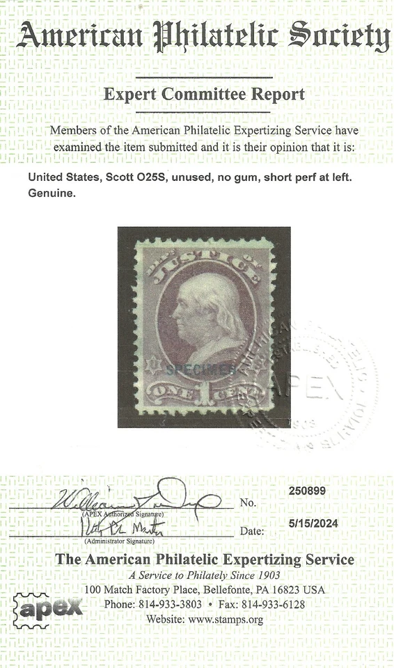 US  O 25S, 1 cent purple Justice SPECIMEN, unused, no gum, APS cert. - Image 1 of 3
