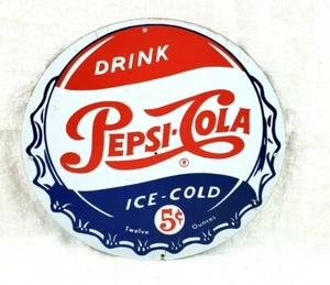 VTG RARE PEPSI COLA SIGN 5 CENTS METAL GAS SERVICE STATION TIN THERMOMETER CLOCK - Picture 1 of 8