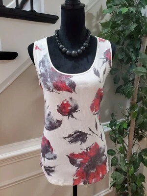 Dana Buchman White & Red Floral Sequin Round Neck Sleeveless Top Blouse Size M - Image 1 of 4