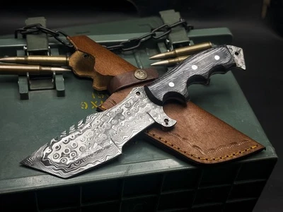 Handmade Damascus Steel Tracker knife Wood Handle, Leather Sheath - Image 1 of 4