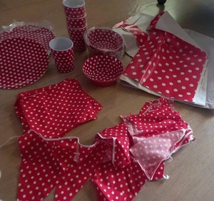 12 Pc Plastic Red & White Polka Dot Tableware & Fabric Napkins, Flags, Cover - Picture 1 of 19