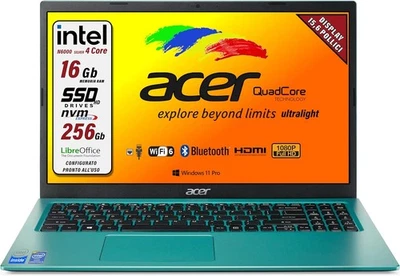 Acer Portatile Intel, 4 Core N 6000, RAM 16 Gb, SSD M2 Pci Da 256 Gb, Display FU - Immagine 1 di 4