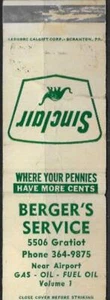 Vintage Pre 1950's Berger's Sinclair Station Detroit Michigan Matchbook - Picture 1 of 1