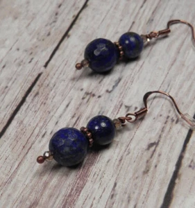 Lapis Lazuli Crystal Pierced Earrings Handmade Blue Smoke Copper New - Picture 1 of 3