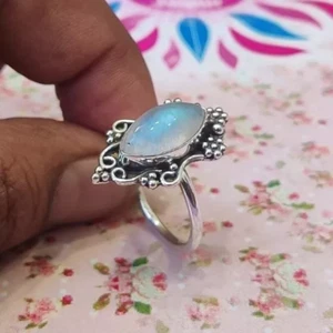 Rainbow Moonstone Ring Solid 925 Silver Handmade Designer Ring All Size - Picture 1 of 4