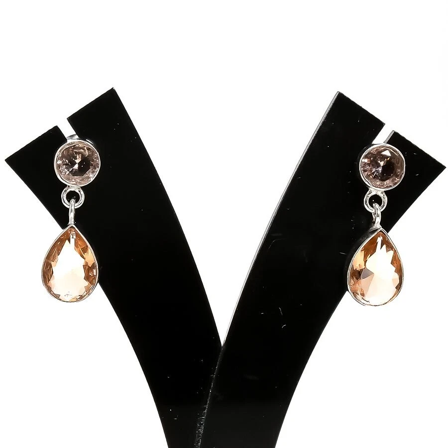 Peach Morganite Gemstone 925 Sterling Silver Jewelry Stud Earring Size 1.20" - Image 1 of 1