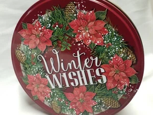 Holiday Cookies Candy Container X-Mas/ Winter Tin Canister Poinsettia & Pinecone - Picture 1 of 12