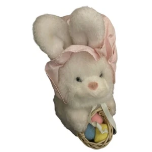 Vintage Applause White Easter Bunny 8" Stuffed Plush Pink Bonnet & Basket Eggs - Picture 1 of 4