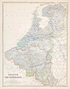 Belgium & The Netherlands map by Keith Johnston map Royal Atlas original 1869 - Picture 1 of 5