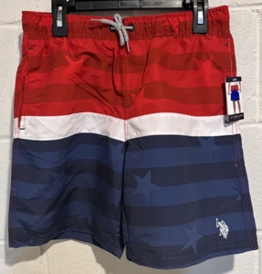 U.S. Polo Assn. Boys Swim Trunks Red White Blue Logo Pockets Tie Waist L 10-12 - Picture 1 of 8