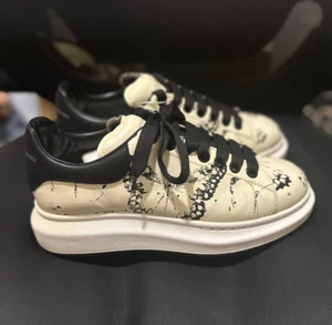 Alexander McQueen Cream/Black Butterfly Print Leather Lace Up Sneakers - Picture 1 of 5