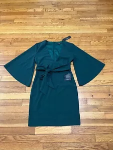 Lulu's Green Dress Women's Size Medium Flare Bell Sleeve V Neck Tie Waist NWT - Picture 1 of 4