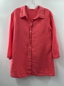 Blusa de lino con botones manga 3/4 suelta corte coral talla mediana hecha en EE. UU. - Imagen 1 de 10