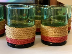 Set 6 bicchieri a sfera bassi vintage Mcm in corda di vetro verde avvolti Made in Italy - Foto 1 di 5