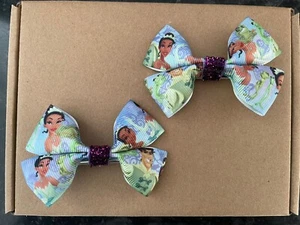 PRINCESS TIANA - hair bow clips (2) HANDMADE girls hair accessories bows 3” - Picture 1 of 1