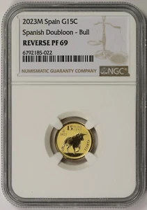 2023 M Spain Spanish Doubloon - Bull Gold 15 Euro Cent Reverse PF 69 NGC 1/10 oz - Picture 1 of 4